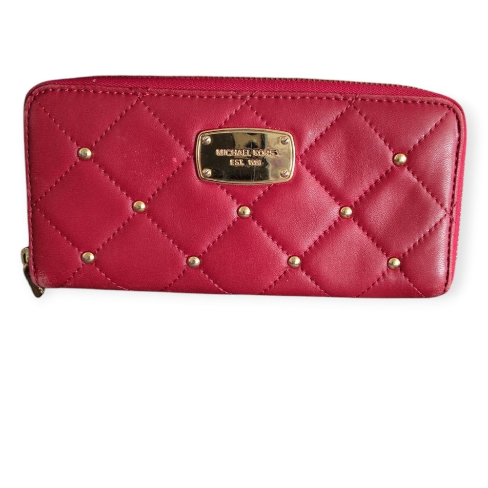 Michael Kors Studded Red Leather wallets with Gold Hardware.